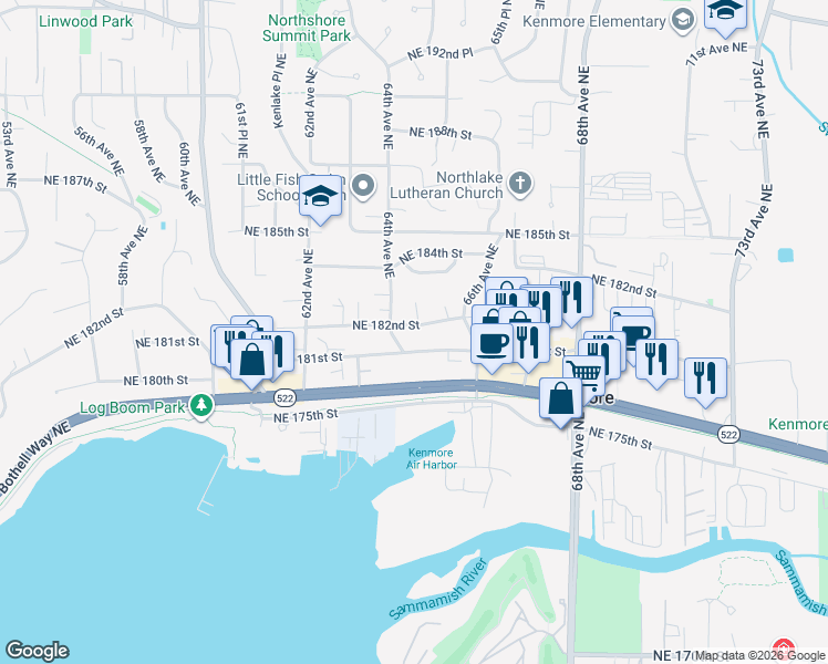 map of restaurants, bars, coffee shops, grocery stores, and more near 6421 Northeast 182nd Street in Kenmore