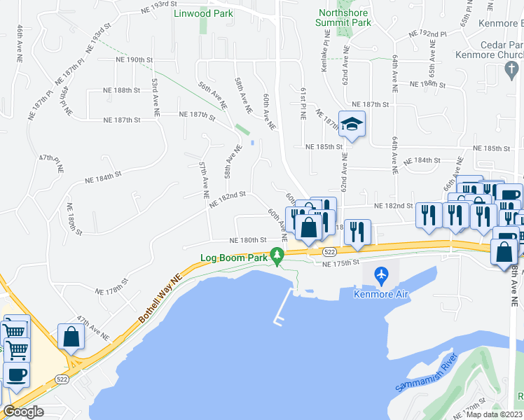 map of restaurants, bars, coffee shops, grocery stores, and more near 18111 60th Avenue Northeast in Kenmore