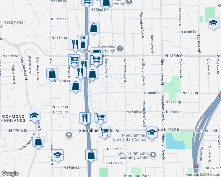 map of restaurants, bars, coffee shops, grocery stores, and more near 18014 Stone Avenue North in Shoreline