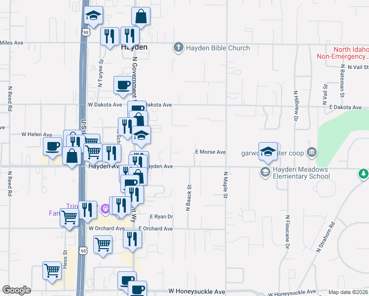 map of restaurants, bars, coffee shops, grocery stores, and more near 9724 North Melrose Street in Hayden