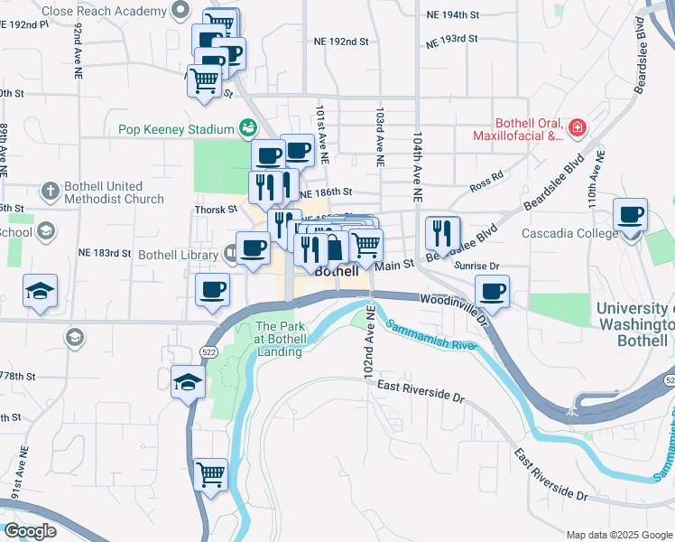 map of restaurants, bars, coffee shops, grocery stores, and more near in Bothell