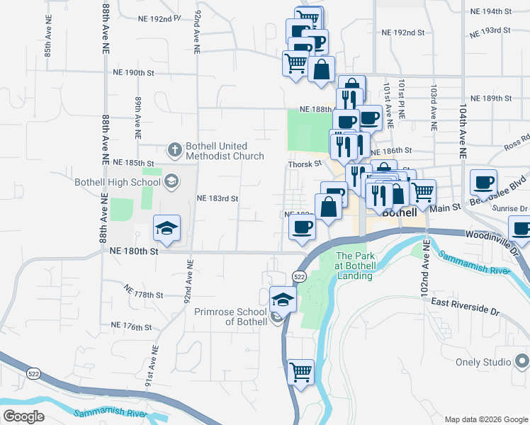 map of restaurants, bars, coffee shops, grocery stores, and more near 9424 Northeast 181st Lane in Bothell