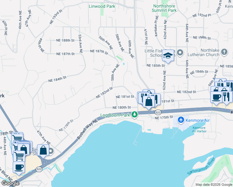 map of restaurants, bars, coffee shops, grocery stores, and more near 5818 Northeast 181st Street in Kenmore