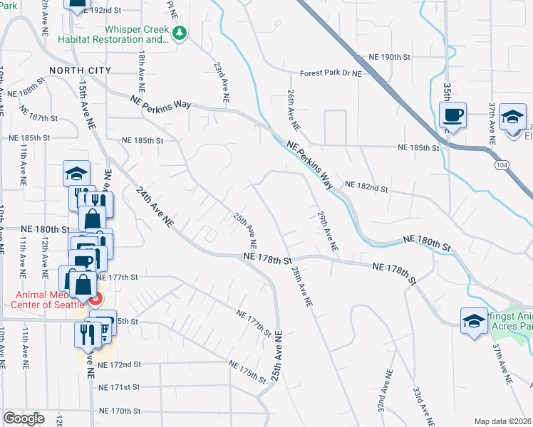 map of restaurants, bars, coffee shops, grocery stores, and more near 18005 28th Avenue Northeast in Lake Forest Park