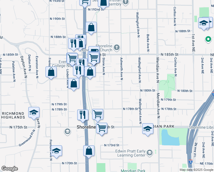 map of restaurants, bars, coffee shops, grocery stores, and more near 18014 Stone Avenue North in Shoreline