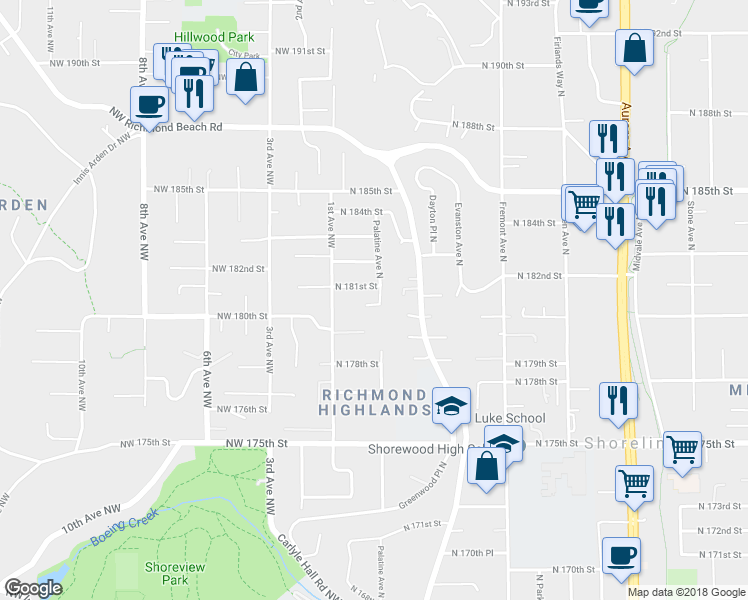 map of restaurants, bars, coffee shops, grocery stores, and more near 18019 Palatine Avenue North in Shoreline