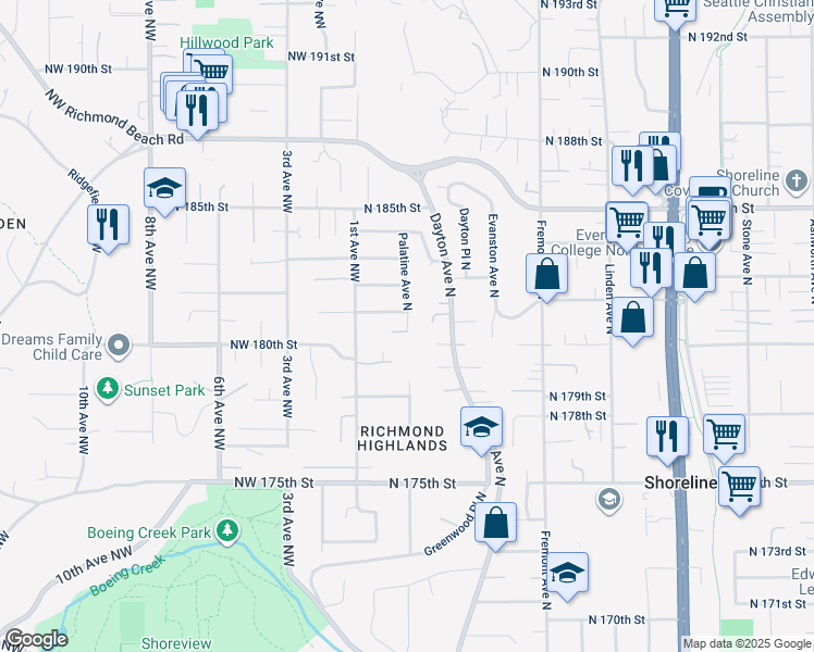 map of restaurants, bars, coffee shops, grocery stores, and more near 802 Palatine Avenue North in Shoreline