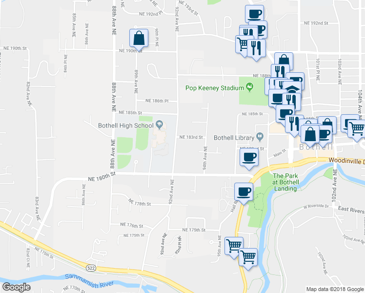 map of restaurants, bars, coffee shops, grocery stores, and more near 18230 92nd Avenue Northeast in Bothell