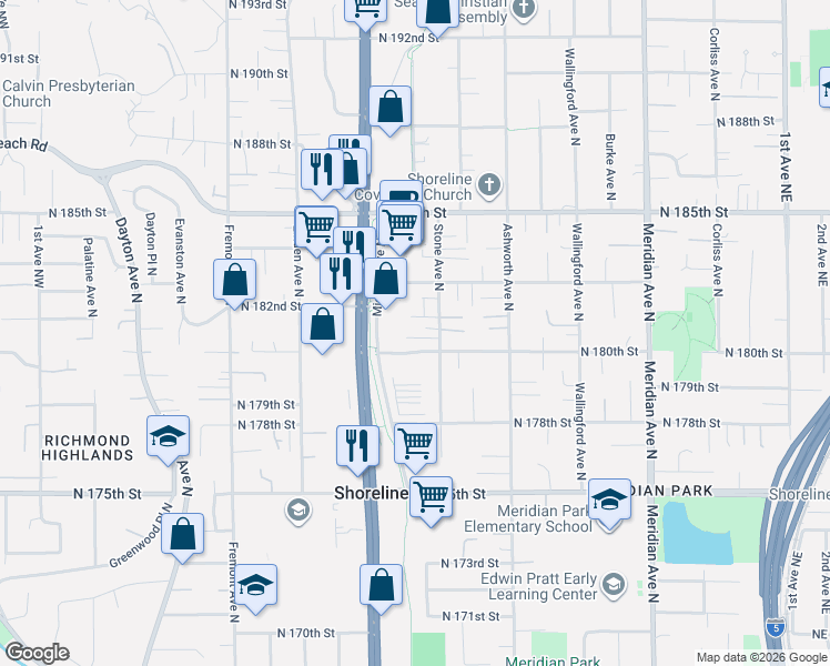 map of restaurants, bars, coffee shops, grocery stores, and more near 1122 North 180th Street in Shoreline