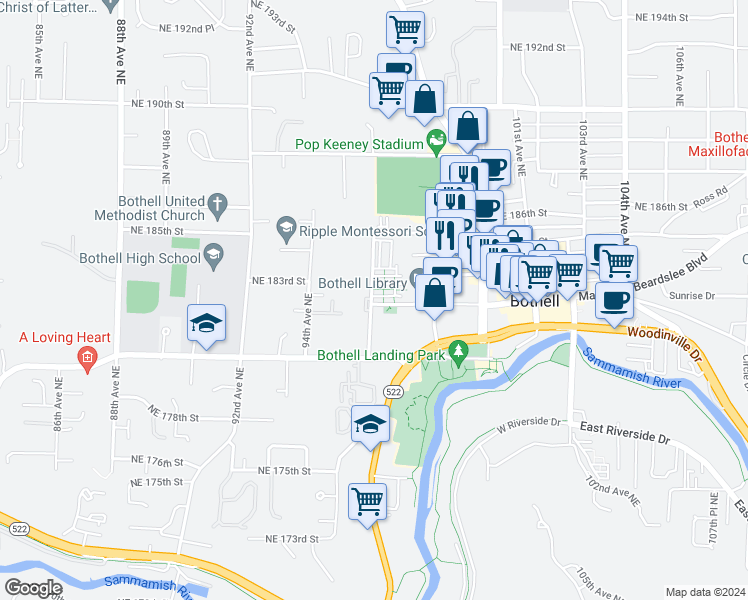 map of restaurants, bars, coffee shops, grocery stores, and more near 9624 Northeast 182nd Court in Bothell