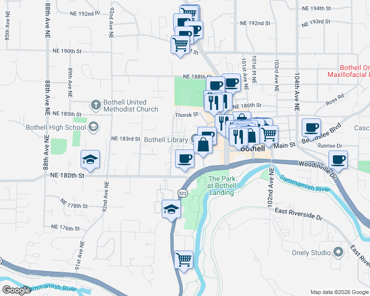map of restaurants, bars, coffee shops, grocery stores, and more near 9710 Main Street in Bothell
