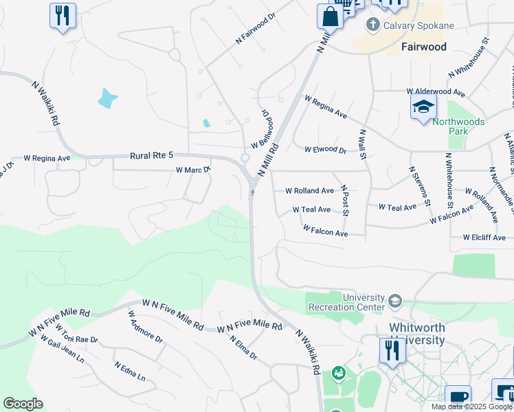 map of restaurants, bars, coffee shops, grocery stores, and more near 11220 North Waikiki Road in Spokane