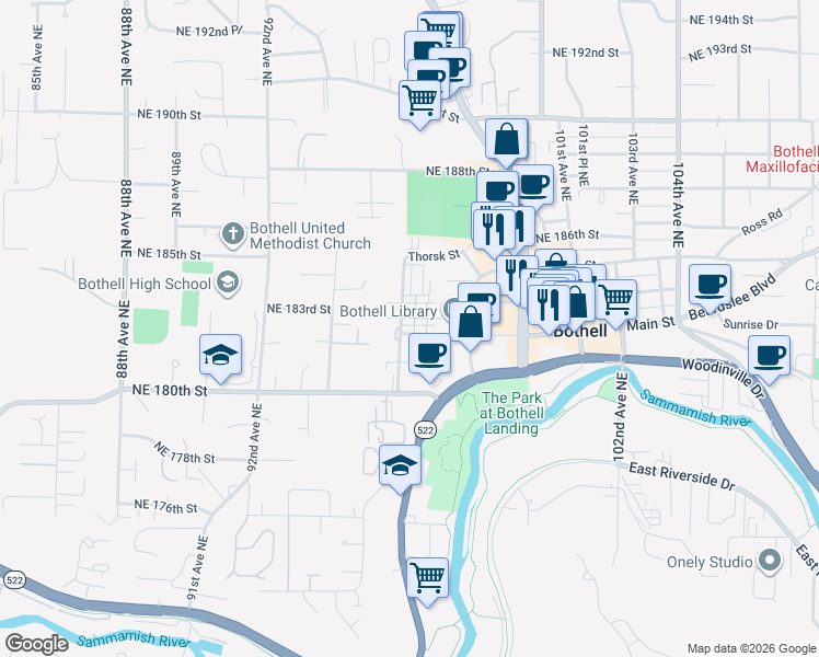 map of restaurants, bars, coffee shops, grocery stores, and more near 9604 Main Street in Bothell