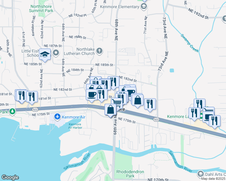map of restaurants, bars, coffee shops, grocery stores, and more near 6734 Northeast 181st Street in Kenmore