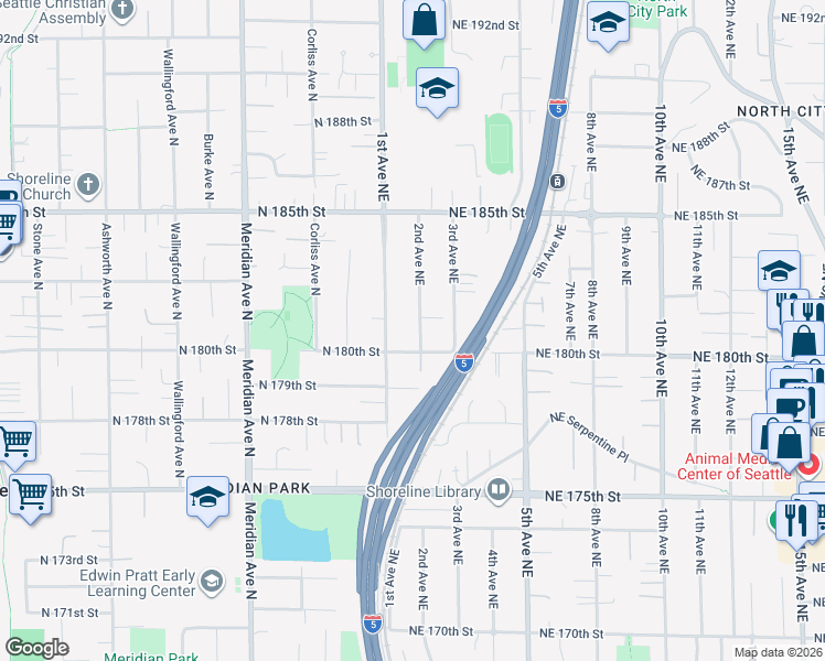 map of restaurants, bars, coffee shops, grocery stores, and more near 18017 2nd Avenue Northeast in Shoreline