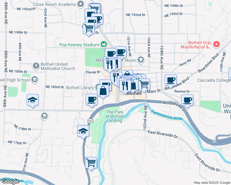 map of restaurants, bars, coffee shops, grocery stores, and more near 18131 Bothell Way Northeast in Bothell