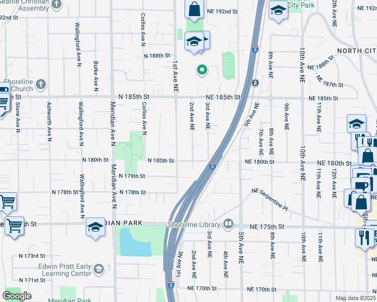 map of restaurants, bars, coffee shops, grocery stores, and more near 18017 2nd Avenue Northeast in Shoreline