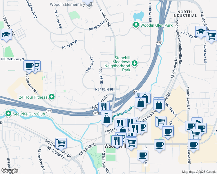 map of restaurants, bars, coffee shops, grocery stores, and more near 18219 131st Court Northeast in Bothell