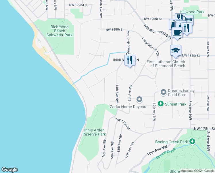 map of restaurants, bars, coffee shops, grocery stores, and more near 17770 15th Avenue Northwest in Shoreline