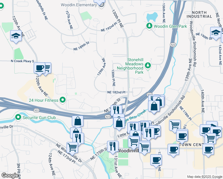 map of restaurants, bars, coffee shops, grocery stores, and more near 18221 130th Place Northeast in Bothell