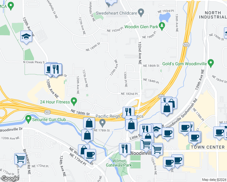 map of restaurants, bars, coffee shops, grocery stores, and more near 12910 Northeast 182nd Place in Bothell