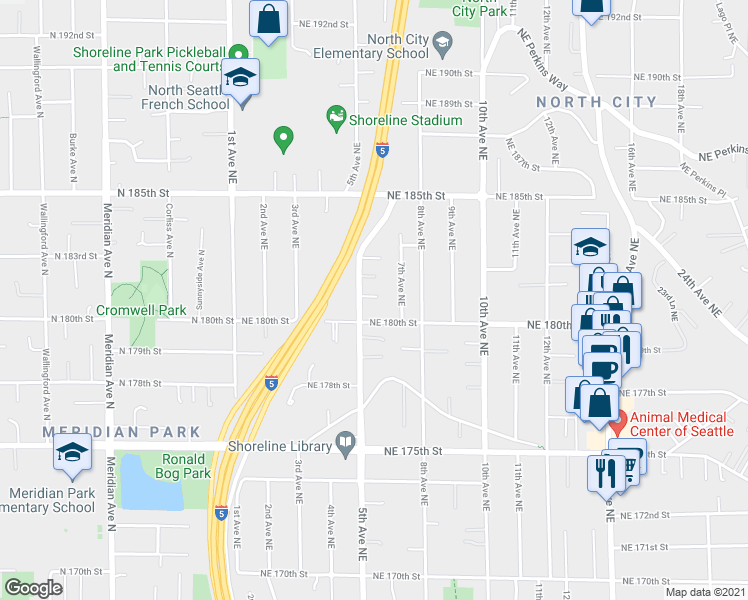 map of restaurants, bars, coffee shops, grocery stores, and more near 18020 5th Avenue Northeast in Shoreline