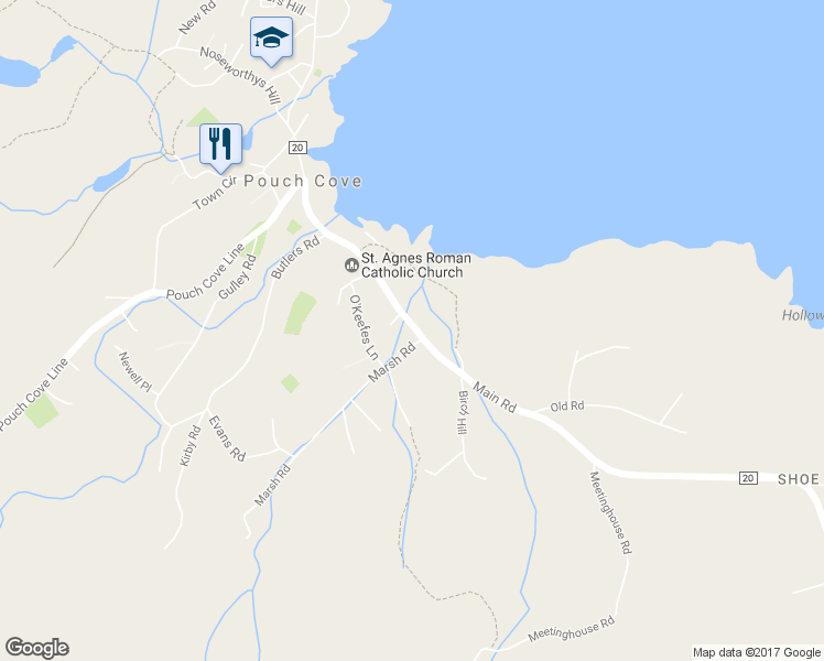 map of restaurants, bars, coffee shops, grocery stores, and more near 589 Main Road in Pouch Cove
