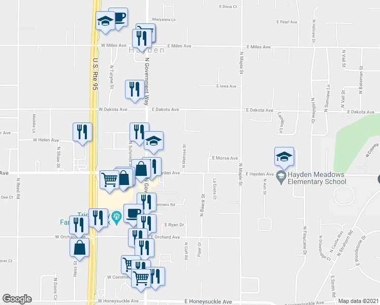 map of restaurants, bars, coffee shops, grocery stores, and more near 9724 North Melrose Street in Hayden