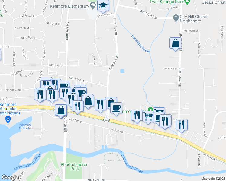 map of restaurants, bars, coffee shops, grocery stores, and more near 18128 73rd Avenue Northeast in Kenmore