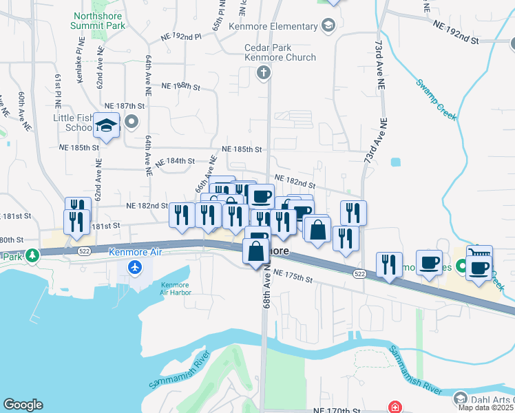 map of restaurants, bars, coffee shops, grocery stores, and more near in Kenmore