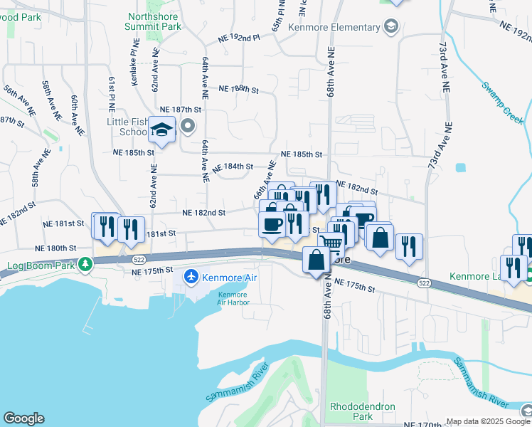 map of restaurants, bars, coffee shops, grocery stores, and more near 6508 Northeast 181st Street in Kenmore