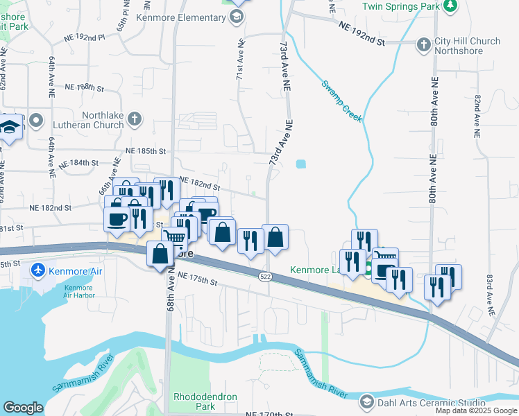 map of restaurants, bars, coffee shops, grocery stores, and more near 7221 Northeast 182nd Street in Kenmore