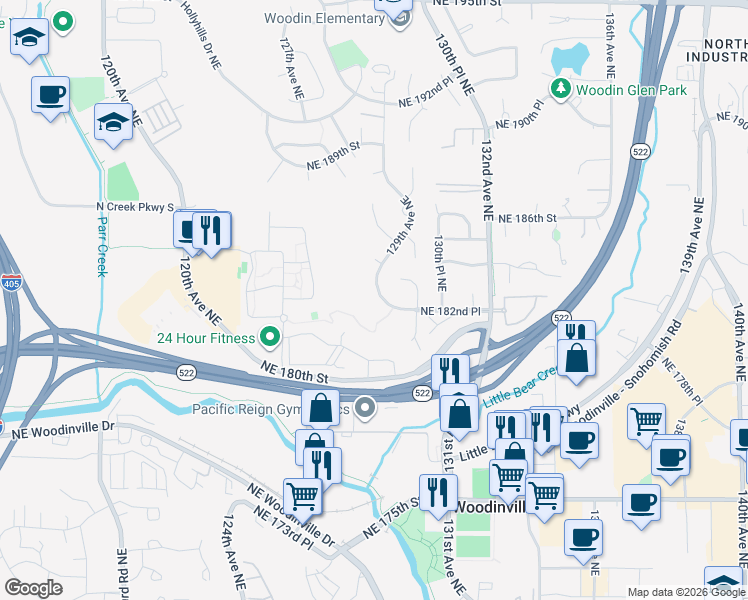 map of restaurants, bars, coffee shops, grocery stores, and more near 18309 129th Avenue Northeast in Bothell