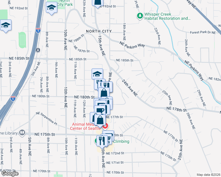 map of restaurants, bars, coffee shops, grocery stores, and more near 18018 15th Avenue Northeast in Shoreline