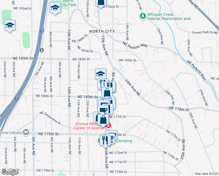 map of restaurants, bars, coffee shops, grocery stores, and more near 18018 15th Avenue Northeast in Shoreline