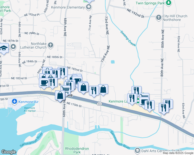 map of restaurants, bars, coffee shops, grocery stores, and more near 7221 Northeast 182nd Street in Kenmore