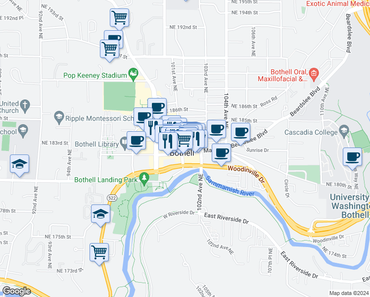 map of restaurants, bars, coffee shops, grocery stores, and more near 10100 Main Street in Bothell