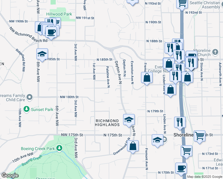 map of restaurants, bars, coffee shops, grocery stores, and more near 802 Palatine Avenue North in Shoreline