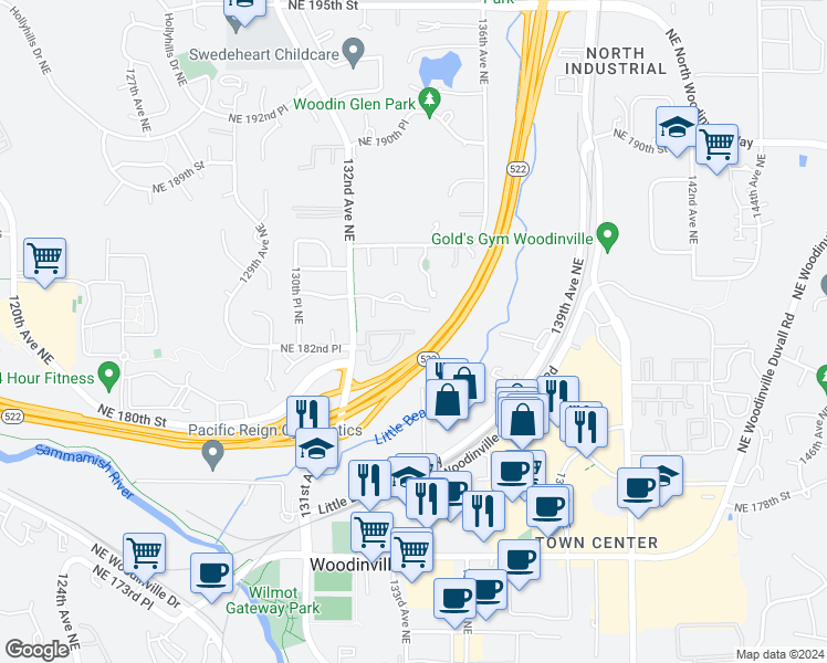 map of restaurants, bars, coffee shops, grocery stores, and more near 13289 Northeast 182nd Street in Woodinville