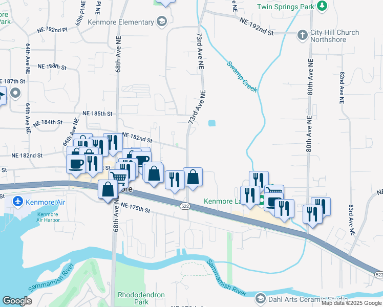 map of restaurants, bars, coffee shops, grocery stores, and more near 51 Northeast 181st Street in Kenmore