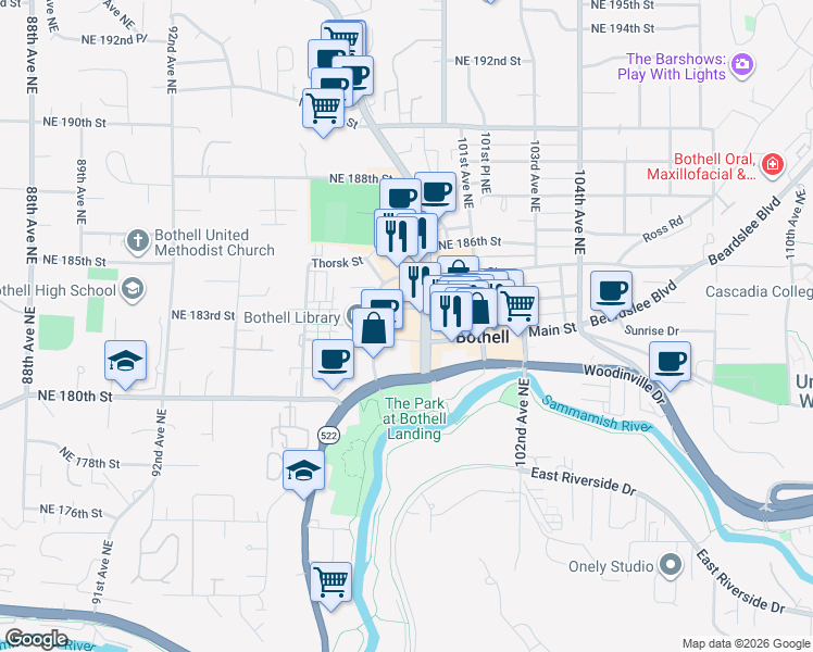 map of restaurants, bars, coffee shops, grocery stores, and more near 9920 Main Street in Bothell