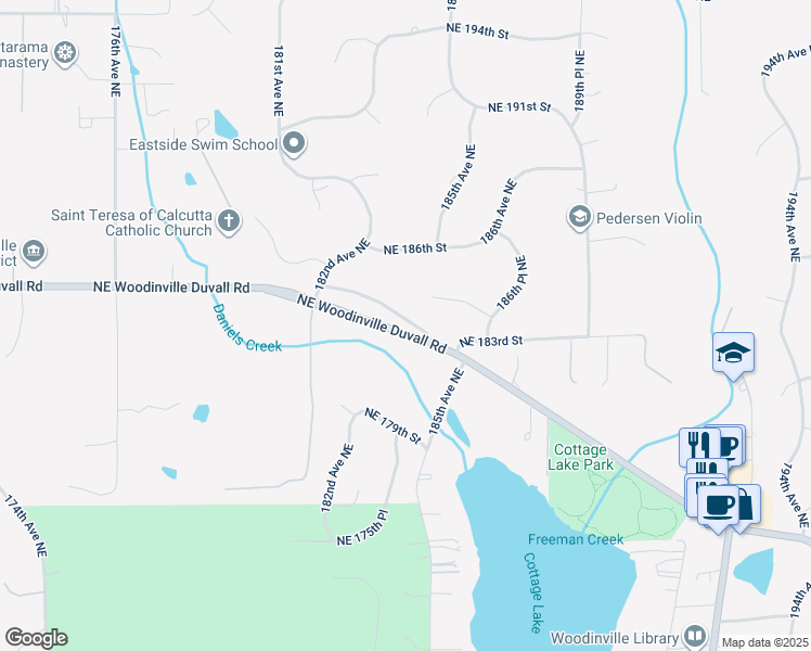 map of restaurants, bars, coffee shops, grocery stores, and more near 18405 Northeast Woodinville Duvall Road in Woodinville
