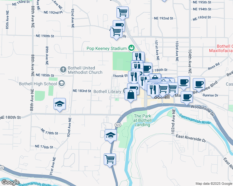 map of restaurants, bars, coffee shops, grocery stores, and more near 18120 97th Avenue Northeast in Bothell