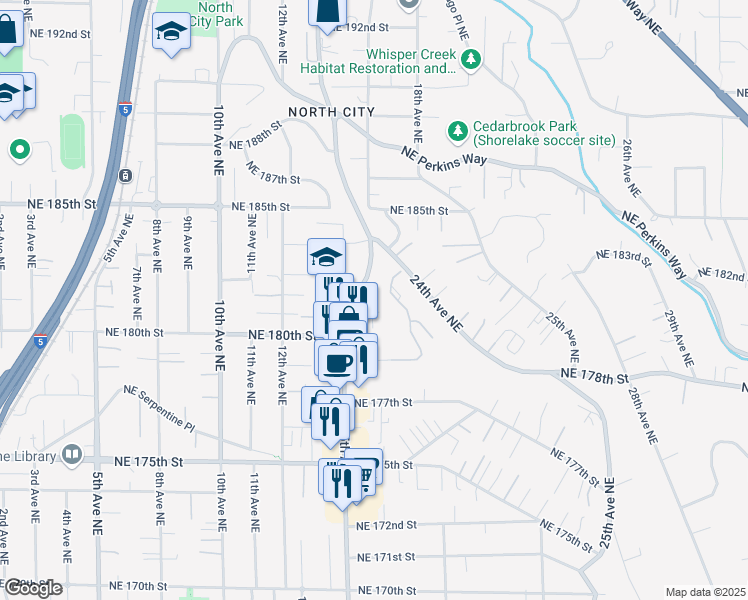 map of restaurants, bars, coffee shops, grocery stores, and more near 18102 15th Avenue Northeast in Seattle