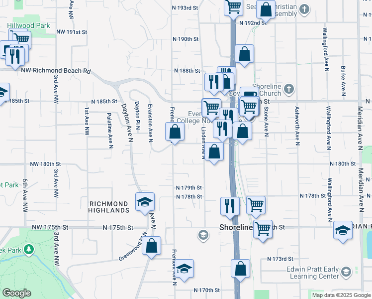 map of restaurants, bars, coffee shops, grocery stores, and more near 18011 North Park Avenue North in Shoreline