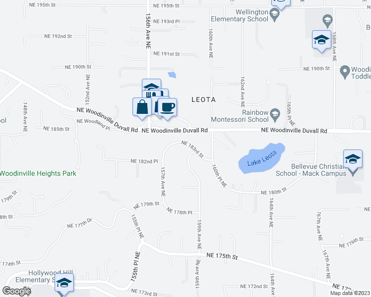 map of restaurants, bars, coffee shops, grocery stores, and more near 15731 Northeast 183rd Street in Woodinville