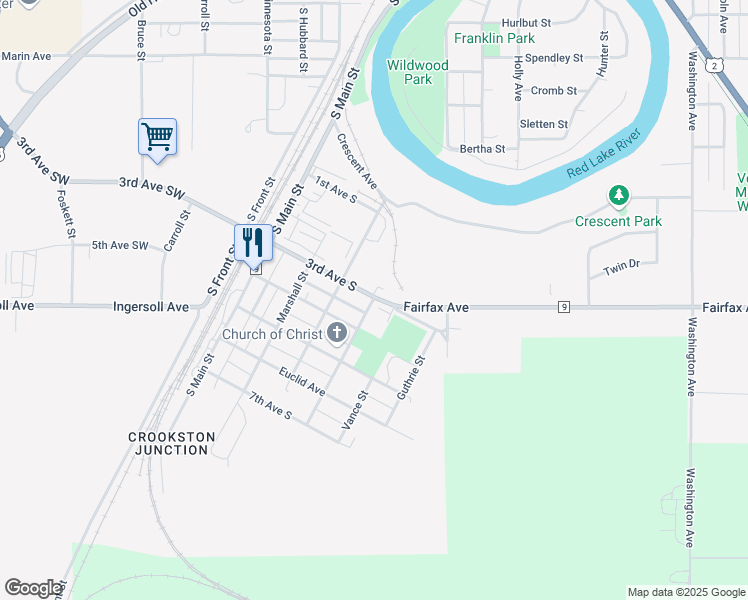 map of restaurants, bars, coffee shops, grocery stores, and more near 1407 Erskine Street in Crookston