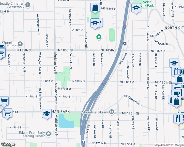 map of restaurants, bars, coffee shops, grocery stores, and more near 18010 2nd Avenue Northeast in Shoreline