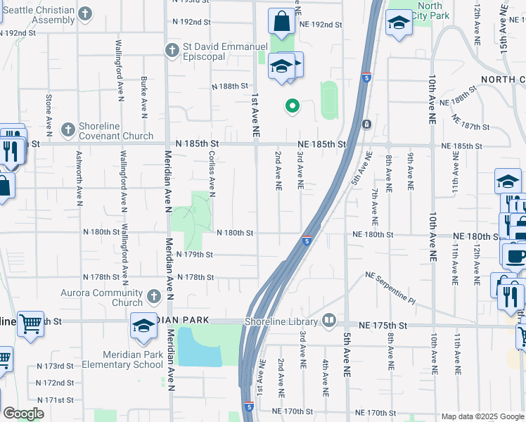 map of restaurants, bars, coffee shops, grocery stores, and more near 18010 1st Avenue Northeast in Shoreline