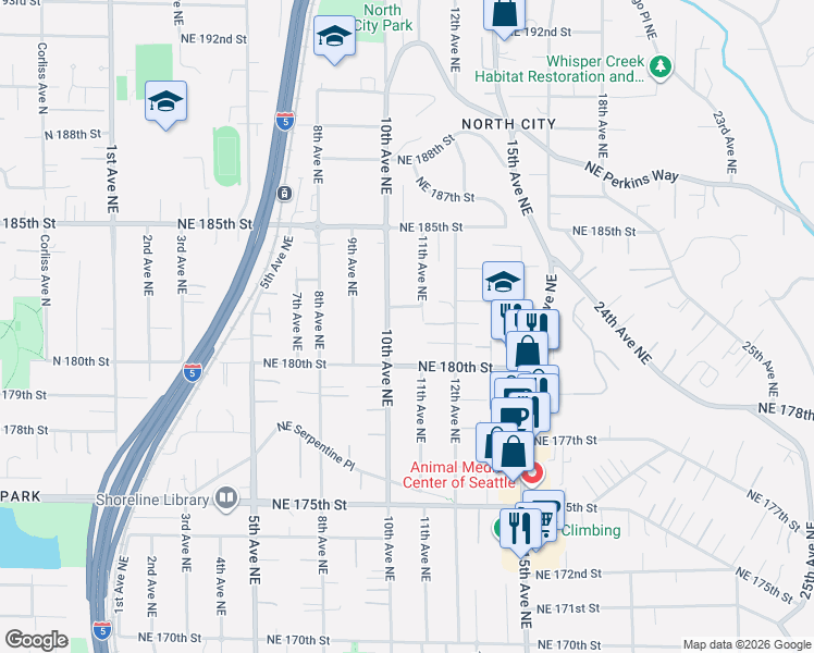 map of restaurants, bars, coffee shops, grocery stores, and more near 18034 10th Avenue Northeast in Shoreline